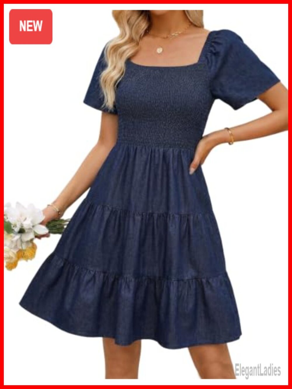 Women Mini Sundress Square Neck Smocked A-Line Polka Dot Tie Back